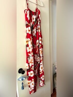 Derek Heart Red Floral Spaghetti-Strap Jumpsuit